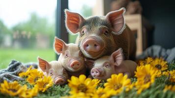 Four playful piglets and their mother among vibrant sunflowers in a cozy indoor setting photo