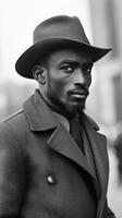 Stylish man in a dark coat and hat confidently poses outdoors in a vintage black and white setting photo