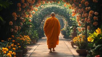 Mysterious figure walking through an autumn path lined with vibrant leaves and soft light photo