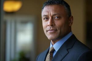 Elegant business attire features a well-groomed man with a stylish tie and lapel pin in a refined setting photo