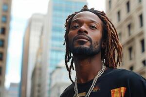 Man with dreadlocks poses confidently in an urban environment amidst tall buildings photo