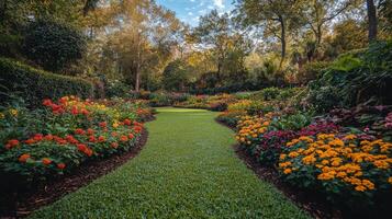 Colorful flower garden with lush green lawn and stone pathway in a serene outdoor setting photo