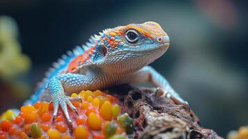 Bearded dragon resting on a log in a vibrant terrarium environment with lush foliage photo
