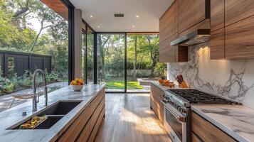 Modern kitchen with marble countertops and open views to a serene outdoor space in a contemporary home photo