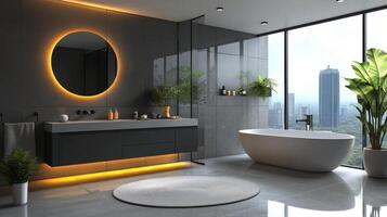 Modern bathroom design featuring freestanding tub and stylish vanity with natural light photo