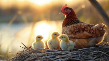 Mother hen watching over her fluffy chicks in a blooming field during golden hour photo