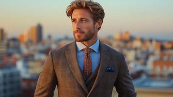 Stylish man in elegant suit poses against New York City skyline during sunset photo