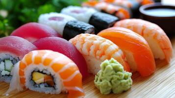 Sushi platter featuring salmon nigiri and wasabi served in a modern setting photo
