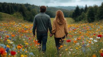 Couple enjoying a romantic walk through a colorful wildflower field in the mountains during sunset photo