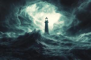 Lighthouse guiding ships through stormy seas and dark skies with lightning photo