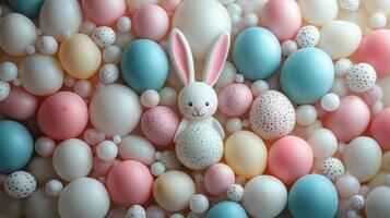 Colorful pastel decoration for a spring celebration with balloons and pom poms photo