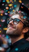 Celebrating graduation with confetti and joyful expressions at a festive ceremony in bright colors photo