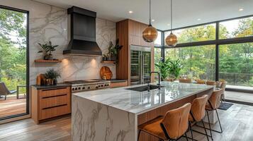 Modern kitchen with marble countertops and open views to a serene outdoor space in a contemporary home photo