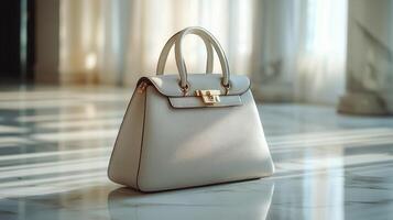 Elegant brown leather handbag displayed on a marble surface in a sophisticated setting photo