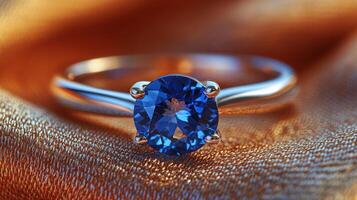 Elegant gold ring featuring a stunning blue gemstone on a soft fabric background photo