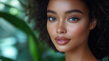 Beautiful model applying foundation for a flawless complexion in a softly lit setting photo