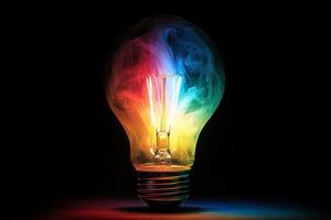 Colorful light bulb with vibrant smoke effect illuminating dark space photo