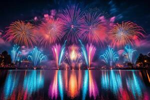 Colorful fireworks illuminate the night sky above a serene lake during a vibrant festival celebration photo