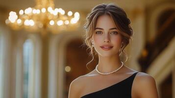 Elegant woman with pearls poses gracefully in a beautifully lit room photo