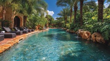 Serene tropical retreat with lush greenery and sparkling pool surrounded by palm trees photo
