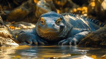 Large lizard basking on rocks near clear water in a sunlit natural habitat setting photo