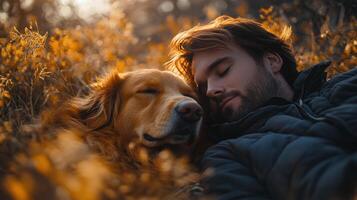 Man and dog enjoying a moment of connection during a sunset in a serene outdoor setting photo