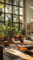 Modern living room featuring large windows and stylish furniture in a sunlit space photo
