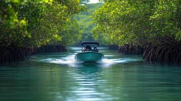 Boater navigates peaceful mangrove river at golden hour with sunlight filtering through trees photo
