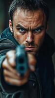 Intense standoff with an armed man in a dark environment during a tense moment photo
