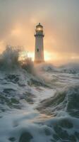 Stormy ocean waves crashing near a striped lighthouse during twilight hours photo