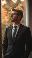 Business professional in suit gazing thoughtfully out of window during golden hour photo