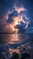 Dramatic lightning strikes illuminate a vibrant cloud formation at dusk in a stormy sky photo