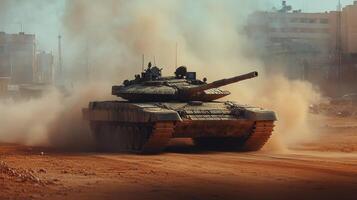 Heavy tank driving through dusty desert landscape under cloudy sky with mountains in the background photo
