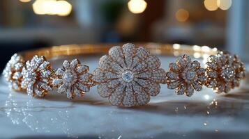Elegant silver jewelry set displayed on a marble surface with roses and candles in a soft-lit setting photo