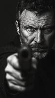 Intense standoff with an armed man in a dark environment during a tense moment photo