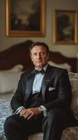 Confident man in a suit sitting on a bed in a dimly lit hotel room during evening hours photo