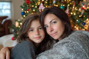 Mother and daughter cuddle together in cozy blankets by the Christmas tree photo