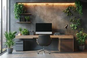 Modern workspace with natural light and stylish decor in a contemporary setting photo