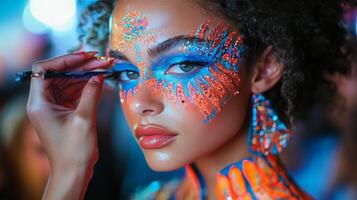 Colorful body art transformation at a vibrant festival in the evening light photo