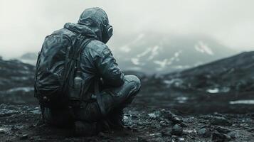 Survivor in a devastated urban landscape wearing a gas mask during a post-apocalyptic scenario photo