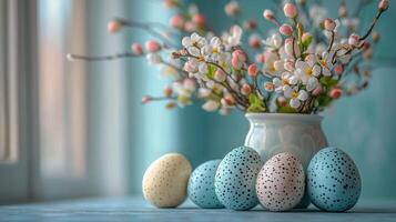 Colorful decorated eggs with flowers arranged on a blue background for a festive spring celebration photo