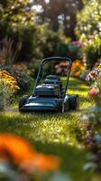 Lawn mower preparing for yard work in lush greenery during daylight photo