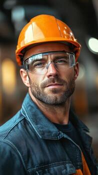 Construction worker with safety gear focused on site tasks during daylight hours photo