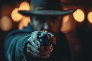 Intense confrontation with a determined figure holding a revolver in the forested area photo