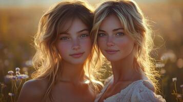 Two women with illuminated hair pose together in a sunlit field during golden hour photo