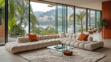 Modern living room with cozy sectional sofa and large windows overlooking lush greenery photo
