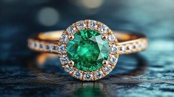 Elegant rose gold ring featuring a vibrant green gemstone and sparkling diamonds photo