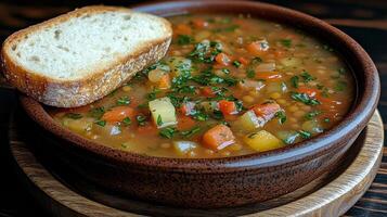 Delicious vegetarian soup served with fresh bread on a wooden table in a cozy setting photo