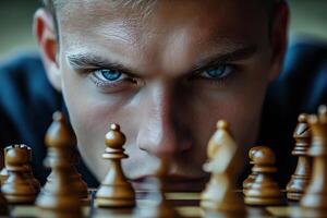 Intense chess match focus with sharp blue eyes and wooden pieces on board photo