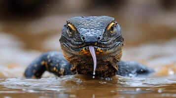 Komodo dragon swimming in calm waters of its natural habitat during daylight hours photo